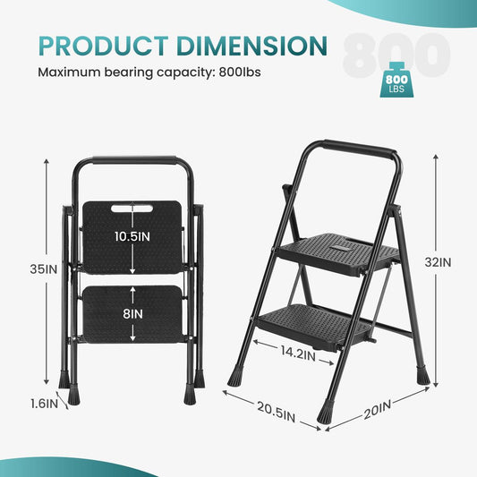 Foldable Step Ladder Stool with Wide Pedal, Cushioned Handle, 800lbs Capacity for Home, Kitchen & Outdoor